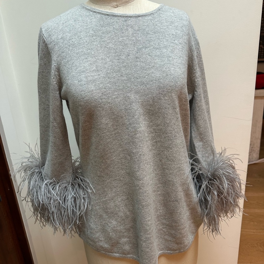 Cashmere Gray Sweater with Boa Feather Cuff